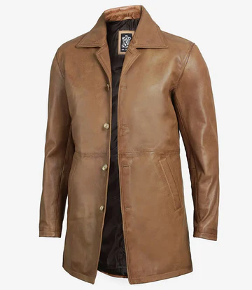 Men's Real Leather Camel Brown 3 4 Length Coat